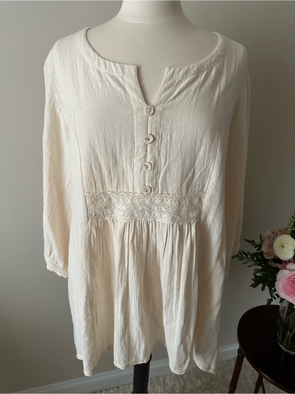 April Cornell Cream Crochet-Waist Button Tunic